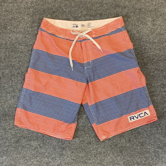 RVCA Board Shorts Mens 30 Red/Blue Striped Quick Dry Drawstring Tie Quick Dry - Picture 2 of 12